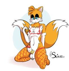 anthro artist_logo artist_name artist_signature big_penis blue_eyes bra cock_ring eyeshadow femboy fishnet_stockings fishnets huge_cock kneehighs nipples orange_fur seikatsueclipse sonic_(series) sonic_the_hedgehog_(series) tails tails throbbing throbbing_penis twink