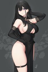 1girls big_breasts black_dress black_gloves black_hair blush breasts busty classy-black-haired_girl_(hayabusa) covered_navel dress earrings elbow_gloves female female_only full_body fully_clothed garter gloves hayabusa highres jewelry large_breasts light-skinned_female light_skin long_hair original purple_eyes revealing_clothes sideboob solo thighs underboob underboob_cutout voluptuous