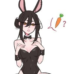 1girls ass ass_focus black_hair breasts breasts_out bunny_ears bunny_girl bunnysuit carrot censored clothing cute demon demon_girl dijor98 female female_only fishnets full_body hair light-skinned_female light_skin lipstick long_hair looking_at_viewer medium_breasts medium_hair nipples open_mouth piercing pointy_ears see-through solo teeth tyra_(dijor98) underwear undressing white_background white_body white_skin yellow_eyes