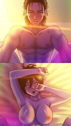 1boy 1girls attack_on_titan black_hair brown_hair couple eremika eren_jaeger eyes_rolling_back female high_resolution implied_penetration implied_sex large_breasts lens_flare looking_at_partner looking_pleasured male mikasa_ackerman missionary_position muscular_male nemesis179 nude_female nude_male on_bed patreon_username romantic romantic_sex sex shingeki_no_kyojin sunny