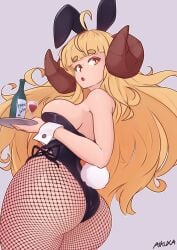 1girls aikuxa anila_(granblue_fantasy) ass big_ass blonde_hair breasts bunny_ears bunny_tail bunnysuit draph draph_race_(granblue_fantasy) fishnet_pantyhose fishnet_stockings fishnets granblue_fantasy grey_background horns simple_background solo solo_female solo_focus tagme thick_thighs wrist_cuffs