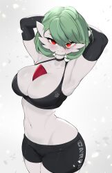 armpits arms_behind_back chest_spike game_freak gardevoir green_hair gym_clothes humanoid large_breasts nintendo pale_skin pokémon_(species) pokemon pokemon_(species) pokemon_rse red_eyes revealing_clothes short_hair short_shorts sports_bra stretching thick_thighs voluptuous wide_hips yoru_vida