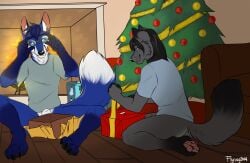 animal_genitalia anthro arctic_fox ass black_claws black_hair blue_body blue_eyes blue_fur bottomless canid canine canis christmas claws clothed clothing duo evergreen_tree fireplace flynx-flink fox fully_sheathed fur genitals gift_box gift_wrapped hair hi_res holidays icefox_(morias) kieran_(darkfigure) leg_markings male male/male mammal markings navy_hair ornament pawpads paws pine_tree pink_pawpads plant sheath shirt socks_(marking) t-shirt topwear tree wolf