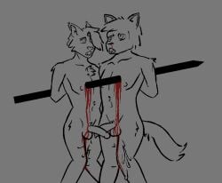 anthro asphalt_(artist) balls blood bodily_fluids bondage bound canid canine canis chest_to_chest chest_tuft corpse cum cum_on_leg death domestic_dog double_kill duo felid feline genital_fluids genitals gore hands_behind_back impalement isaac_(asphalt) lynx male male/male male_death mammal penis penises_crossing snuff tuft