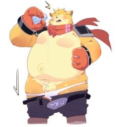 2023 anthro belly big_belly blush bottomwear clothing flaccid genitals hi_res kemono male mammal moobs overweight overweight_male pants penis scarf shirt small_penis solo surprise topwear yimingsama