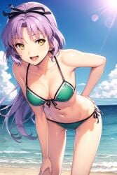 1girls ai_generated beach belly belly_button bending_forward bending_over bikini bikini_bottom bikini_top breasts cleavage eiyuu_densetsu leaning_forward long_hair looking_at_viewer purple_hair renne renne_(eiyuu_densetsu) renne_bright sen_no_kiseki sky smile smiling smiling_at_viewer stomach string_bikini string_panties trails_of_cold_steel umiaiart yellow_eyes