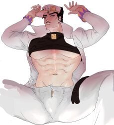 1boy bulge diamond_is_unbreakable dilf erection_under_clothes jojo's_bizarre_adventure jotaro_kujo looking_at_viewer male male_only muscular_male seductive_look solo vintaro