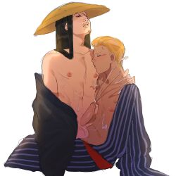 2boys black_hair blonde_hair bukkake closed_eyes cum cumming facial_hair gay gay_sex hunter_x_hunter kissing long_hair male male_only moaning multiple_boys nipples nobunaga_hazama penis phinks_magcub riding riding_penis uncircumcised white_background xxxeaven yaoi yukata