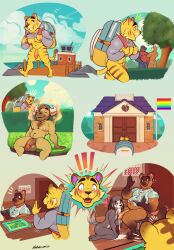 !!! after_oral after_orgasm animal_crossing anthro balls bara big_balls big_penis blush canid canine comic cum cum_in_mouth del_(animal_crossing) digby_(animal_crossing) furry gay male male_only marlon.cores muscles muscular nintendo nude pantsless penis sitting spread_legs tanuki teddy_(animal_crossing) tiger tom_nook tybalt_(animal_crossing) vic_(animal_crossing) yellow_body yellow_fur