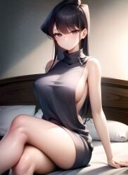 ai_generated black_hair breasts crossed_legs dante_a.i. expressionless grey_eyes grey_sweater komi-san_wa_komyushou_desu komi_shouko long_hair naked_sweater sideboob stable_diffusion sweater thighs turtleneck virgin_killer_sweater