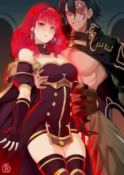 1boy 1girls alternate_color alternate_costume aura bangs bare_thighs breast_grab breasts celica_(fire_emblem) cleavage corruption earrings elbow_gloves emblem_(fire_emblem) facial_tattoo female fingerless_gloves fire_emblem fire_emblem_echoes:_shadows_of_valentia fire_emblem_engage gloves green_hair grin griss_(fire_emblem) groping heavy_breathing large_breasts looking_at_viewer male medium_hair muscular muscular_male nintendo pelvic_curtain red_aura red_eyes red_hair revolverwingstudios short_hair smile sweat tattoo thick_thighs thighhighs thighs tiara