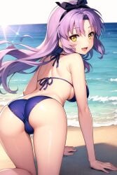 1girls ai_generated ass ass_focus back back_view beach bikini bikini_bottom bikini_top blush breasts eiyuu_densetsu happy long_hair looking_at_viewer on_all_fours petite purple_hair renne renne_(eiyuu_densetsu) renne_bright sen_no_kiseki smile smiling smiling_at_viewer string_bikini swimsuit swimwear thighs trails_of_cold_steel umiaiart yellow_eyes young