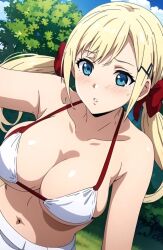 1girls ai_generated big_breasts bikini bikini_top bikini_top_only blonde_hair blue_eyes busty cleavage female female_only hi_res large_breasts looking_at_viewer low_twintails midriff navel skirt voluptuous white_bikini yuna_yunis yuusha_ga_shinda!