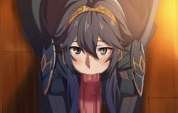 1boy 1girls animated armor armored_dress blue_cape blue_eyes blue_hair blush cape censored fellatio female female_focus fire_emblem fire_emblem_awakening from_above gif hair_between_eyes kneeling kumanosuke long_hair long_sleeves looking_at_viewer looking_up lucina_(fire_emblem) male male_pov nintendo oral pov saliva saliva_on_penis shoulder_guard skeb_commission solo_focus symbol-shaped_pupils tiara wooden_floor