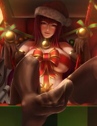 1girls 2018 absurd_res absurdres areola ass bangs bell bell_choker big_toes_rise black_legwear blush bondage bound box breasts brown_gloves brown_legwear choker christmas close-up closed_eyes elbow_gloves fate/grand_order fate_(series) feet female female_only flexible_toes foot_fetish gift gift_box gloves green_ribbons hair_between_eyes hat head_tilt hi_res highres in_box in_container jingle_bell large_breasts leg_up limgae long_hair looking_at_viewer purple_hair red_eyes red_ribbon rework ribbon ribbon_bondage santa_hat scathach_(fate) sidelocks sitting skindentation smile solo spread_legs star thighhighs toes toes_visible_through_clothing very_long_hair