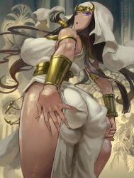 ass ass_focus ass_grab breasts brown_hair clothed curvaceous dark-skinned_female dark_skin erect_nipples erect_nipples_under_clothes female female_only gold_jewelry grabbing_own_ass hood huge_ass huge_breasts isis_ishtar kazo loincloth long_hair looking_at_viewer looking_back low-angle_view purple_eyes sideboob thick_thighs yu-gi-oh! yu-gi-oh!_duel_monsters