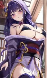 1girls blush breasts cleavage female genshin_impact huge_breasts light-skinned_female light_skin long_hair purple_eyes purple_hair raiden_shogun thick_thighs tomas_(kaosu22) tomasupso2 wide_hips