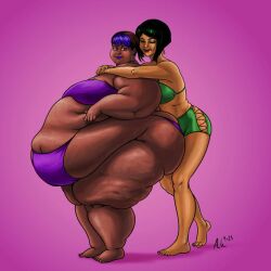 2girls bikini black_hair dark-skinned_female fat fat_woman female_only huge_ass huge_belly hugging morbidly_obese obese obese_female purple_background purple_hair ray_norr ssbbw tagme