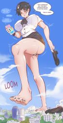 1girls angelgts breasts city city_destruction commission earrings english english_text giantess giantess_growth growing growth original original_character phone reluctant short_hair skirt striped_underwear talking_on_phone talking_to_another text white_shirt