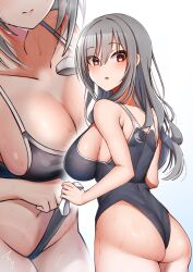 1girls alternate_hair_length ass big_ass big_breasts blush breasts busty clothes_pull eyebrows_visible_through_hair female female_only grey_hair idolmaster idolmaster_cinderella_girls kanzaki_ranko large_breasts legs light-skinned_female light_skin long_hair looking_at_viewer looking_back mabanna navel one-piece_swimsuit one-piece_swimsuit_pull open_mouth red_eyes sideboob solo sweat swimsuit thick_thighs thighs voluptuous wedgie