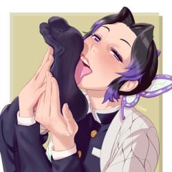 black_hair demon_slayer feet foot_fetish foot_lick fully_clothed kimetsu_no_yaiba kochou_shinobu legwear licking_foot licking_own_foot looking_at_viewer multicolored_hair pantyhose purple_eyes purple_hair seductive_eyes self_foot_worship self_worship sole_female solo staerk stockings tagme