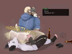 alcohol anthro ass beverage bottomwear bottomwear_down carl_hendricks clothing duo echo_(game) echo_(series) echo_project facesitting fart fart_fetish farting_on_face fur hi_res male male/male saintbullart sitting_on_another