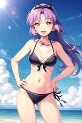 1girls ai_generated beach belly belly_button bikini bikini_bottom bikini_top breasts cleavage eiyuu_densetsu long_hair looking_at_viewer purple_hair renne renne_(eiyuu_densetsu) renne_bright sen_no_kiseki sky smile smiling smiling_at_viewer stomach string_bikini string_panties trails_of_cold_steel umiaiart yellow_eyes