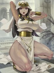 armpits arms_behind_head arms_up breasts brown_hair clothed curvaceous dark-skinned_female dark_skin female female_only gold_jewelry hood huge_ass huge_breasts isis_ishtar kazo kneeling loincloth long_hair looking_at_viewer muscular_thighs purple_eyes skin_tight thick_thighs yu-gi-oh! yu-gi-oh!_duel_monsters