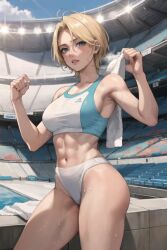 ai_generated blonde_hair blue_eyes cyan_clothing looking_at_viewer sports_bra sports_uniform sportswear stadium stadium_background sweat sweating towel white_clothing white_panties