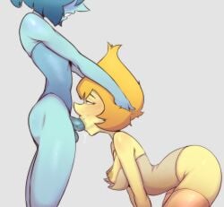 1futa 1girls arched_back balls bent_over blowjob blue_pearl_(steven_universe) blue_skin blush breasts cartoon_network clothed clothing duo fellatio female futa_on_female futanari humanoid humanoid_penis leotard lurkin mostly_clothed oral partially_clothed penis rolling_eyes saliva small_breasts standing steven_universe stockings thighhighs yellow_pearl_(steven_universe) yellow_skin