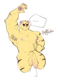 animal_crossing anthro apisaxis arm_up armpit_hair balls bara big_penis blush furry male male_only muscles muscular nintendo nude penis precum solo solo_male tiger tybalt_(animal_crossing) yellow_body yellow_fur