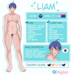 1boy 1cuntboy bisexual bisexual_male blue_hair blushing character_sheet cuntboy cuntboy_only emy_draws freckles hair heterochromia human intersex liam_(emy_draws) oc original_character original_characters pronouns pussy pussy_hair