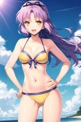 1girls ai_generated beach belly belly_button bikini bikini_bottom bikini_top breasts cleavage eiyuu_densetsu long_hair looking_at_viewer purple_hair renne renne_(eiyuu_densetsu) renne_bright sen_no_kiseki sky smile smiling smiling_at_viewer stomach string_bikini string_panties trails_of_cold_steel umiaiart yellow_eyes