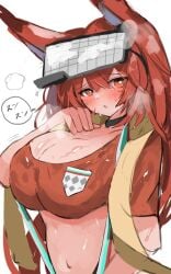 arknights big_breasts blush clothed female flametail_(arknights) flametail_(sport_for_all)_(arknights) red_eyes red_hair squirrel_ears squirrel_girl sweat sweaty sweaty_body sweaty_breasts