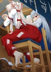 2girls ass bar belt big_ass blush boots bow chair cup dat_ass feet female female_only fujiwara_no_mokou iromeki_overdrive kamishirasawa_keine keine_kamishirasawa light-skinned_female light_skin pants red_eyes tagme touhou white_hair