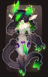 anthro black_hair canid canine canis domestic_dog femboy flaccid genitals green_hair green_tongue hair hair_over_eye hallogreen hi_res long_hair looking_at_viewer male male_only mammal multicolored_hair navel nipples nude one_eye_obstructed penis purple_eyes rendak smile solo tongue