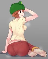 1girls 2018 ass barefoot big_ass brown_hair greatnaosuke hat mega_man mega_man_battle_network midorikawa_kero panties panties_visible_through_clothing pants ribitta shirt tight_pants