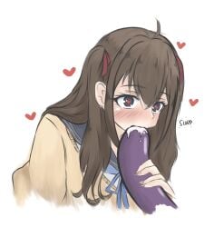 1girls blue_eyes blush brown_hair eggplant female heart heart-shaped_pupils indie_virtual_youtuber looking_up male neuro-sama penis sachiihappy school_uniform sexually_suggestive simple_background sucking virtual_youtuber vtuber white_background