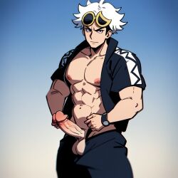 ai_generated bara bara_tiddies bara_tits erect_penis erection guzma_(pokemon) male_nipples male_only nipples pokemon pokemon_sm stable_diffusion