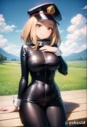 1girls ai_generated artist_yokostd ass big_ass big_breasts blonde_hair bodysuit breasts camie_utsushimi cute female female_only hair hat latex mountain my_hero_academia oppai smooth_skin swimsuit swimwear thick_thighs tight_clothing tights utsushimi_camie water