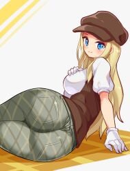 1girls ass big_ass blonde_hair blue_eyes blush cabbie_hat cap cougar1404 gloves hat looking_at_viewer lying_on_side mega_man mega_man_battle_network princess_pride tight_pants