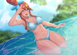 1girls armpits bare_thighs bikini blue_bikini blue_eyes blue_swimsuit breasts cleavage dark-skinned_female dark_skin female female_only kneeling large_breasts looking_at_viewer one_eye_closed partially_submerged pokemon red_hair rinku_bny salute skyla_(pokemon) solo swimsuit thighs water