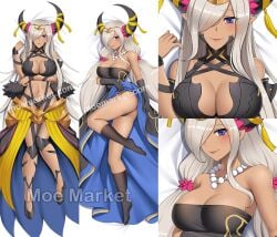 1girls ass bare_legs big_ass black_panties blue_eyes breasts cleavage clothes_lift dakimakura dakimakura_design dark-skinned_female dark_skin female female_only fire_emblem fire_emblem_engage grey_hair hair_over_one_eye large_breasts legs lifted_by_self long_hair looking_at_viewer moe_market nintendo on_back panties pointy_ears presenting presenting_ass presenting_hindquarters revealing_clothes skirt skirt_lift smile solo underwear very_long_hair yuj_(moemarket) zelestia_(fire_emblem)