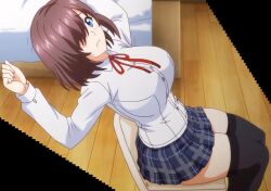 blue_eyes breasts brown_hair clothing large_breasts looking_at_viewer mama_katsu_midareru_mama-tachi_no_himitsu medium_hair screencap screenshot sitting skirt stitched thick_thighs thighhighs thighs