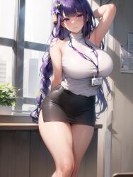 1girls ai_generated apel blush breasts female genshin_impact hips huge_breasts jordan53 long_hair looking_at_viewer naughty_face office_lady ondoors purple_eyes purple_hair raiden_shogun slim_waist stable_diffusion thick_thighs thighs wide_hips