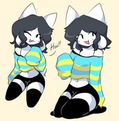 1girls :d ;) anthro cute feline female grey_hair kneeling long_sleeves navel not_porn short_shorts shorts tagme temmie_(undertale) thighhighs undertale undertale_(series) white_fur z_zmag8