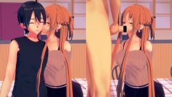 1girls 2boys asian asian_female bed blowjob cheating cheating_girlfriend clothed comparing cuckold deepthroat earrings eggys kirigaya_kazuto kissing klein open_mouth oral oral_penetration oral_sex orange_hair sitting sword_art_online yuuki_asuna