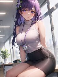 1girls ai_generated apel blush breasts female genshin_impact hips huge_breasts jordan53 long_hair looking_at_viewer naughty_face office_lady ondoors purple_eyes purple_hair raiden_shogun slim_waist stable_diffusion thick_thighs thighs wide_hips