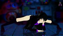 3d 3d_(artwork) black_eyes black_fingernails black_hair black_legwear black_panties blake_belladonna blurry_background blush coat detailed_background goth goth_girl grey_eyes hand_on_face hi_res high_resolution highres jack-o_pose legs_apart long_hair long_sleeves looking_at_viewer pale-skinned_female pale_skin photoshop purple_shirt reflection reflective_floor rwby sfm smiling smiling_at_viewer tagme trishsfm watermark white_skin