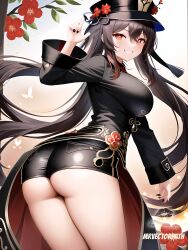 ai_generated ass ass_focus black_hair black_shorts blush breasts chinese_clothes coattails female from_behind genshin_impact grin hat hat_ornament hu_tao_(genshin_impact) large_breasts long_hair looking_at_viewer looking_back red_eyes shiny shiny_clothes shiny_hair shiny_skin short_shorts shorts sideboob smile solo twintails very_long_hair